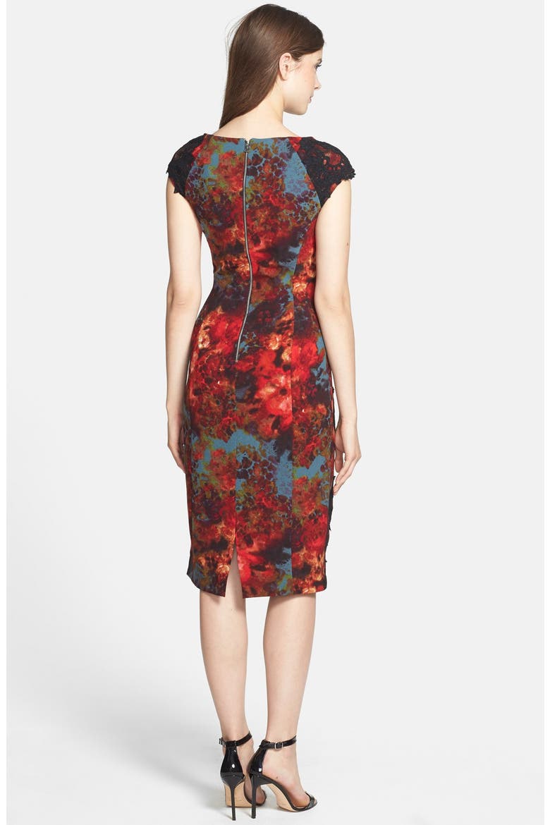 Lace Appliqué Floral Print Sheath Dress, Alternate, color, SLATE/ CARMINE