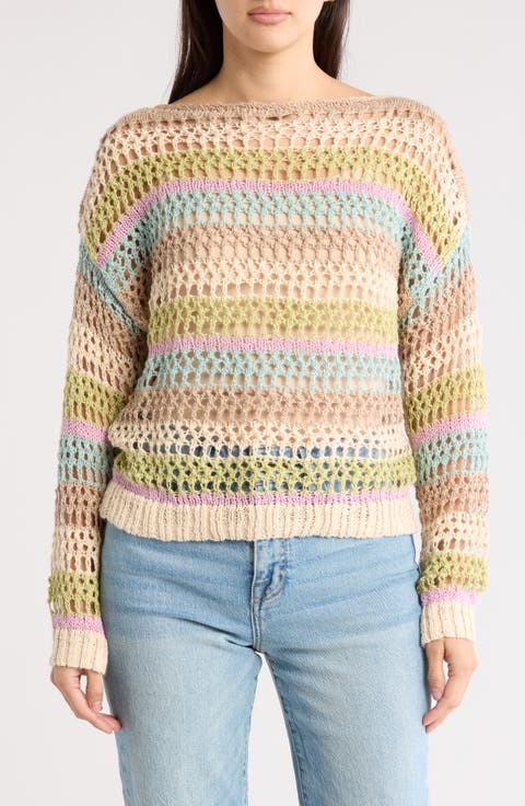 Stripe Boat Neck Pointelle Sweater