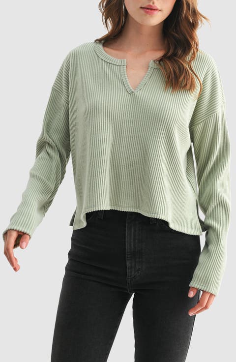 Split Neck Long Sleeve Ribbed Top