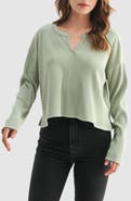 Lush Split Neck Long Sleeve Ribbed Top