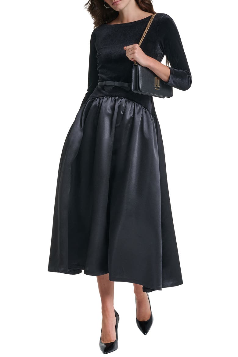Belted Stretch Velvet & Satin Midi Dress, Alternate, color, BLACK