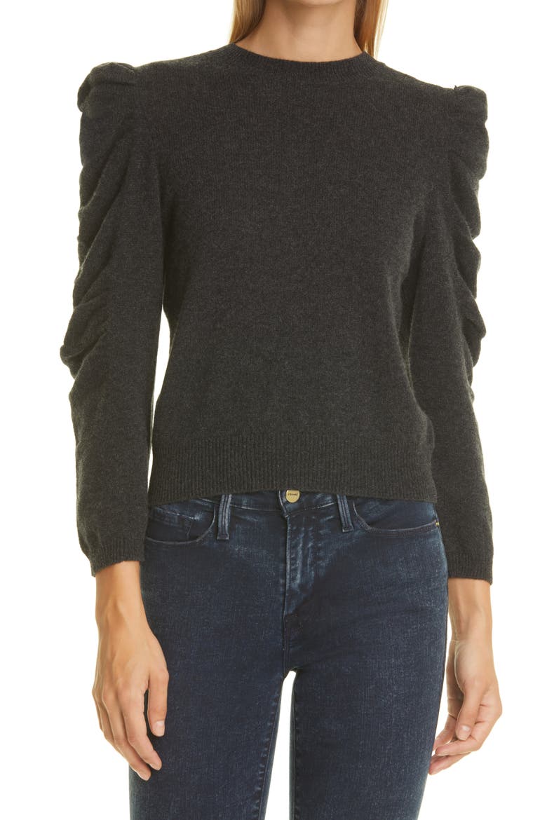 Ruched Sleeve Cashmere Sweater, Main, color, CHARCOAL HEATHER