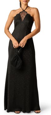 Adrianna Papell Leopard Jacquard & Lace Halter Gown.