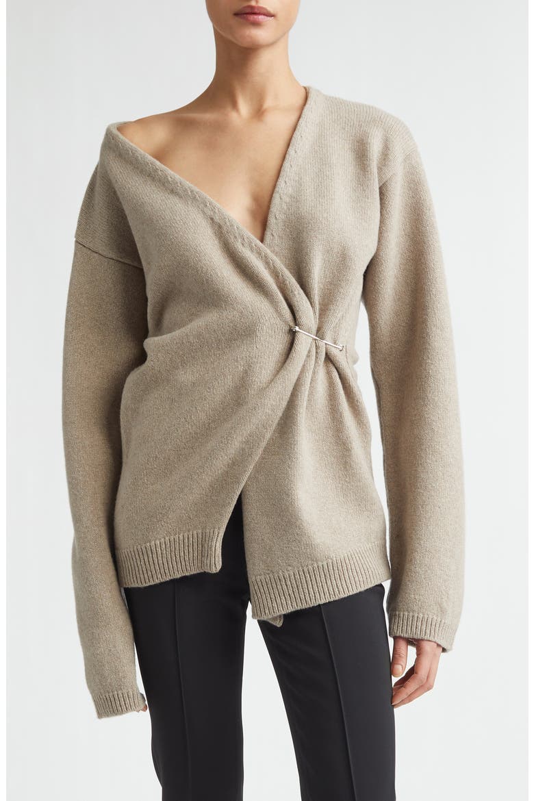 Safety Pin Off the Shoulder Wool & Cashmere Wrap Cardigan, Main, color, LIGHT TAUPE