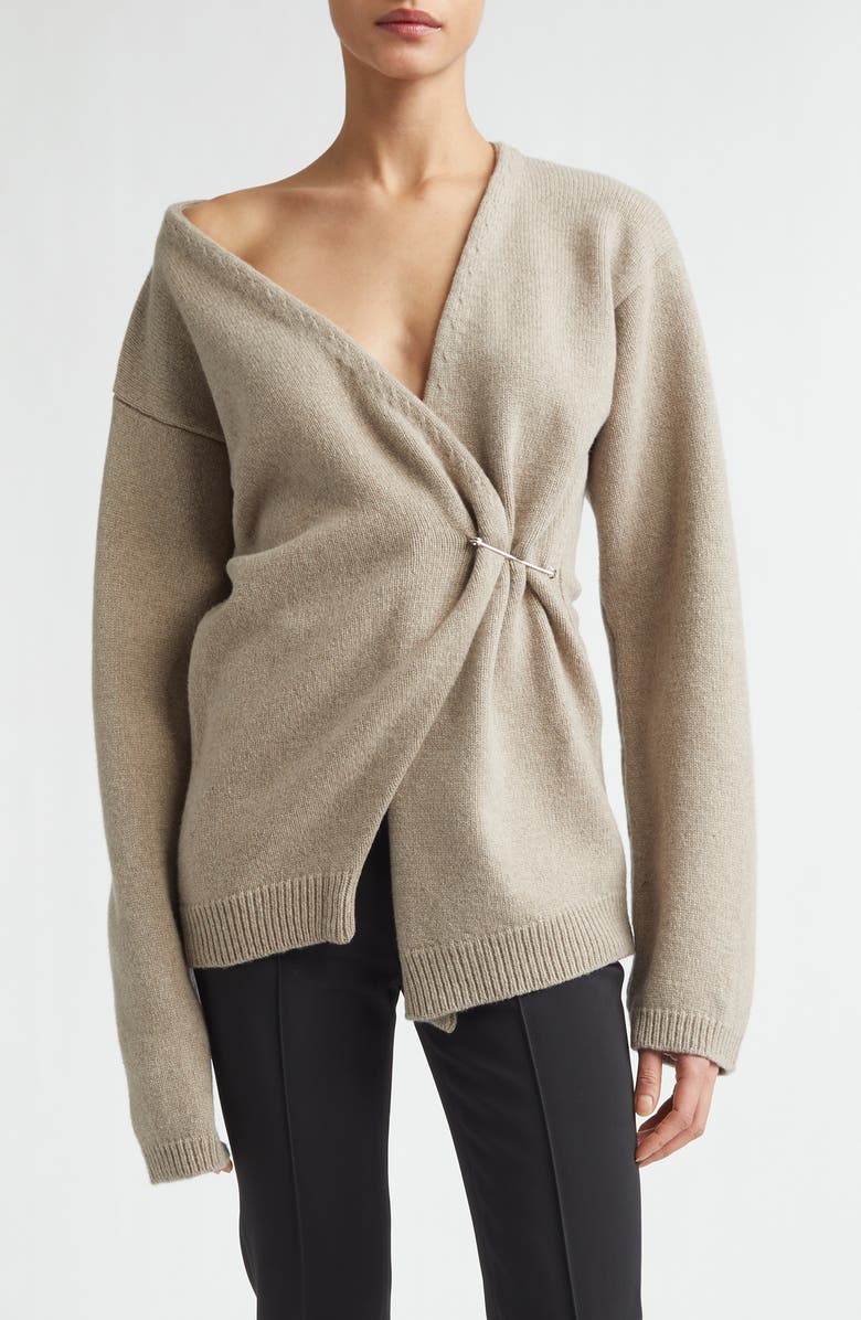 Róhe Safety Pin Off the Shoulder Wool & Cashmere Wrap Cardigan, Main, color, Light Taupe