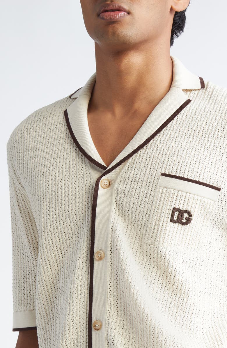 Dolce&Gabbana Logo Embroidered Pointelle Knit Camp Shirt, Alternate, color, M2826 Beige Chiarissimo