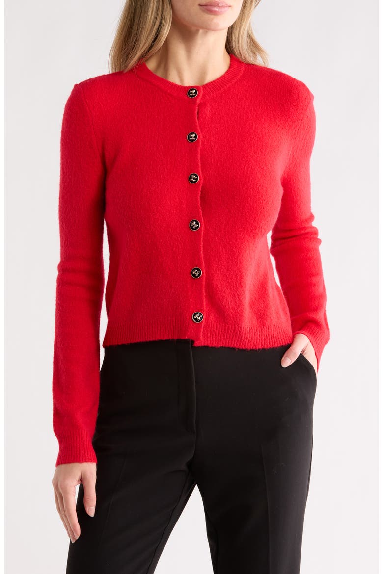 Ribbon Button Crop Cardigan, Main, color, RED
