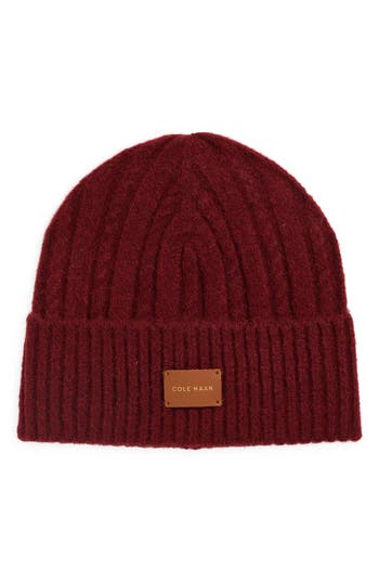 Cole Haan Cable Knit Cuffed Beanie In Burgundy