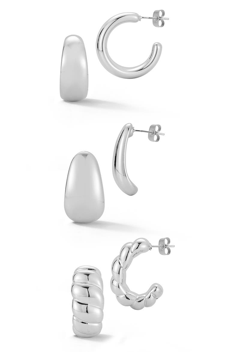 Set of 3 Hoop Earrings, Main, color, SILVER