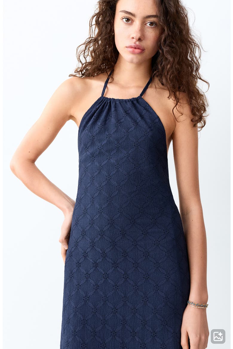 mango denim maxi dress Embroidered Halter Neck Denim Maxi Dress (Women)
