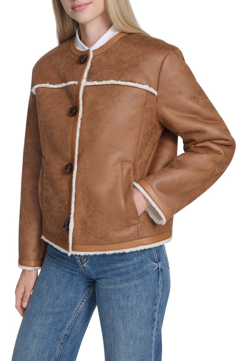 Water Resistant Waxed Faux Shearling Collarless Jacket, Alternate, color, HAZELNUT