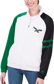 STARTER Women's Starter White Philadelphia Eagles Curve Ball Raglan Full-Zip Track Jacket