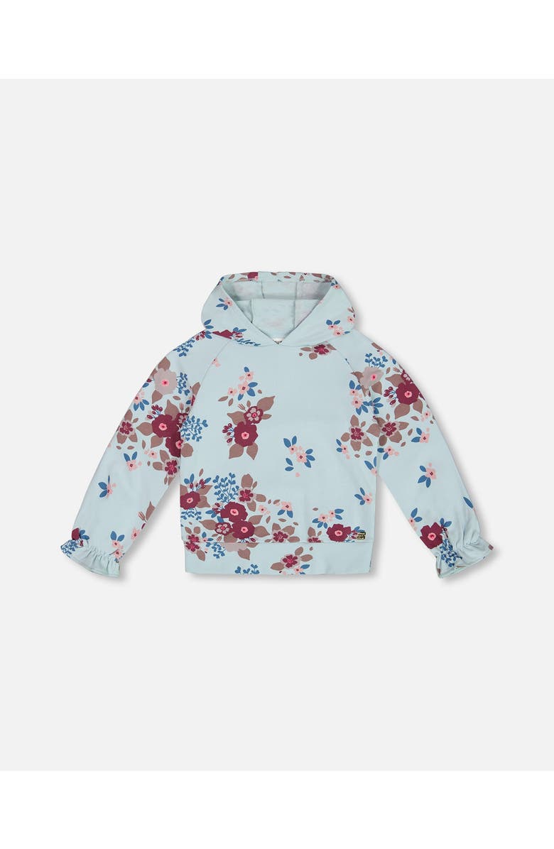Deux par Deux Girl's Fleece Hoodie Light Blue Printed Big Flowers, Main, color, 