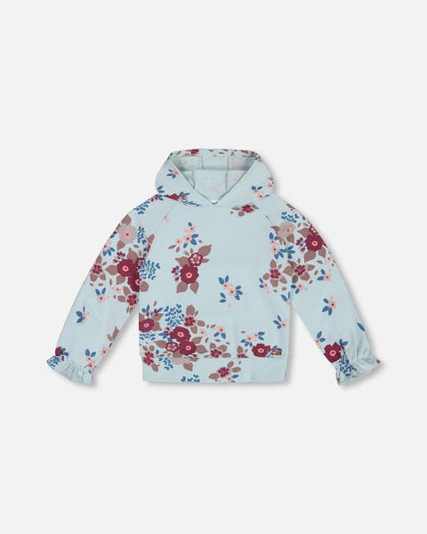 Fleece Hoodie Light Blue Printed Big Flowers Fleece Hoodie Light Blue Printed Big Flowers