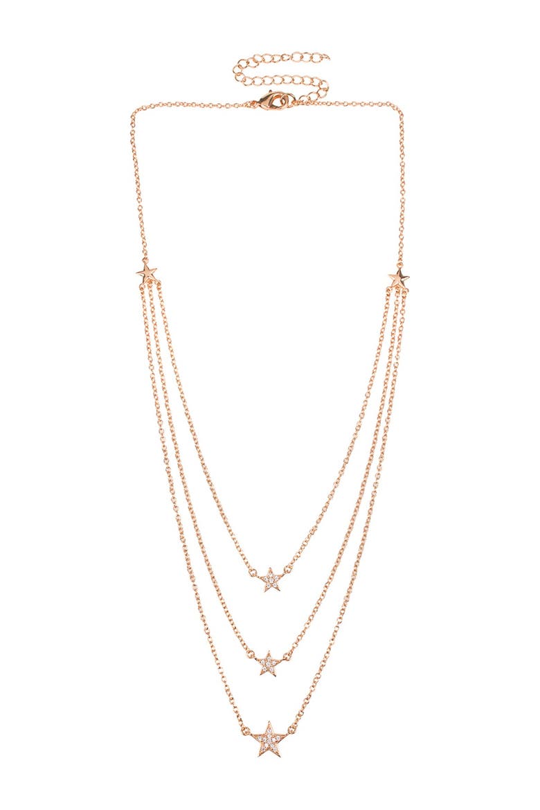 14K Rose Gold Plated 3 Layer Pave Star Necklace, Main, color, CLEAR-ROSE GOLD