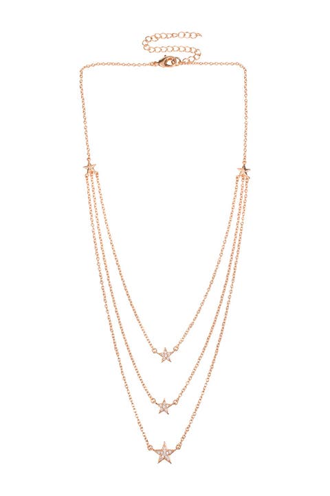 14K Rose Gold Plated 3 Layer Pave Star Necklace