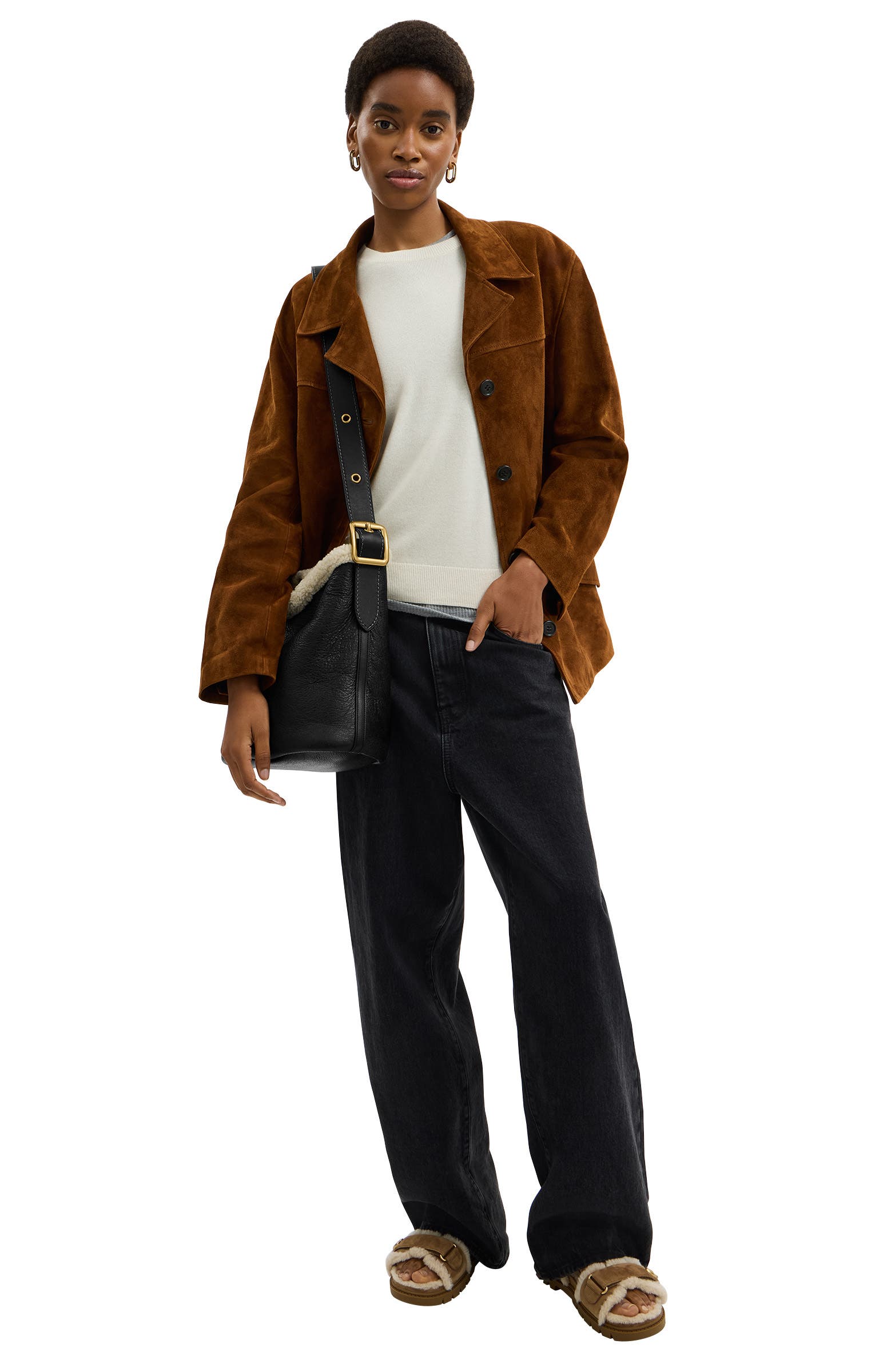 COACH Bleecker Bucket Bag with Genuine Shearling Trim, Alternate, color, B4/ Black Natural