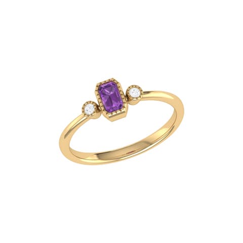 Emerald Cut Amethyst & Diamond Birthstone Ring in 14K Gold