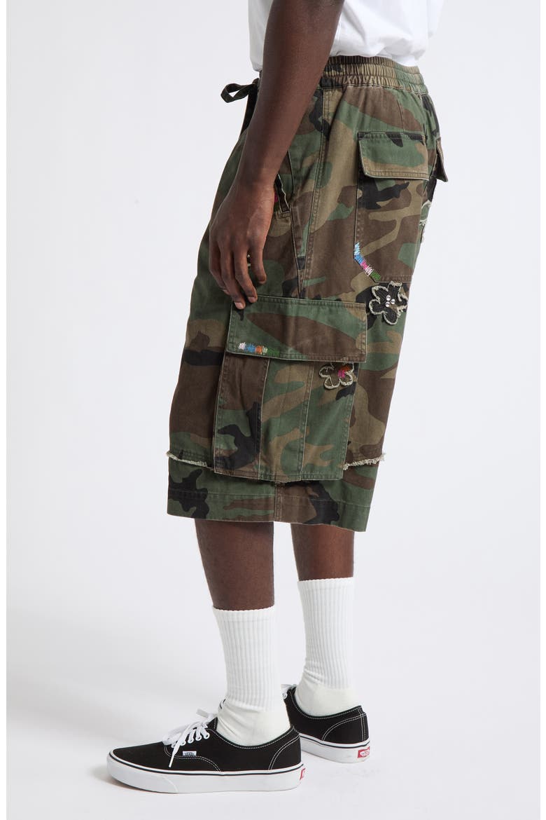 Crystal Embellished Floral Patch Camouflage Print Cotton Twill Shorts, Alternate, color, CAMO TWILL