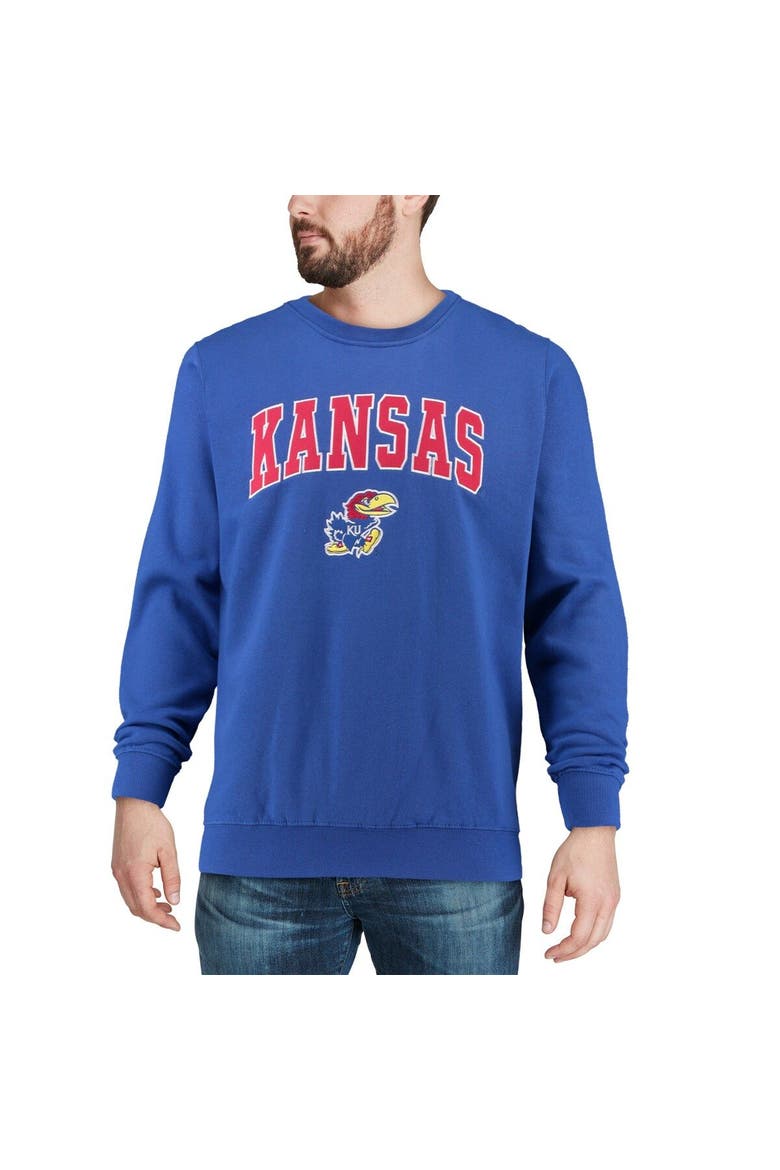 Men's Colosseum Royal Kansas Jayhawks Arch & Logo Crew Neck Sweatshirt, Alternate, color, Royal