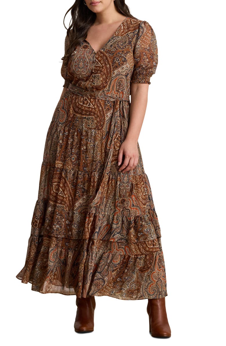 Lauren Ralph Lauren Paisley Georgette Tie Waist Maxi Dress, Main, color, Brown Multi
