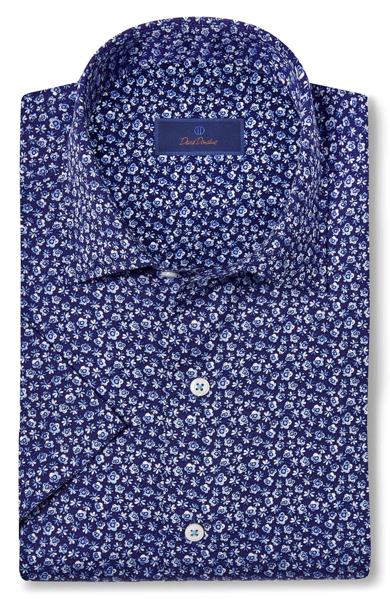 David Donahue Floral Print Short Sleeve Button-Up Shirt, Main, color, Navy/ Blue