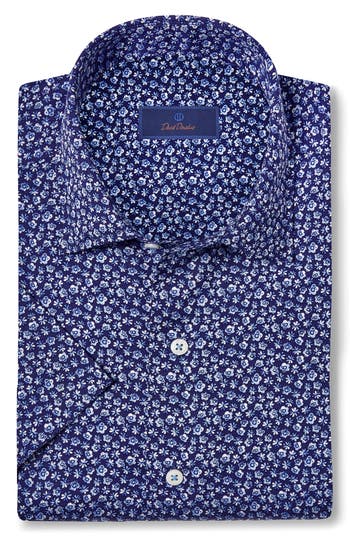 David Donahue Floral Print Short Sleeve Button-up Shirt In Blue