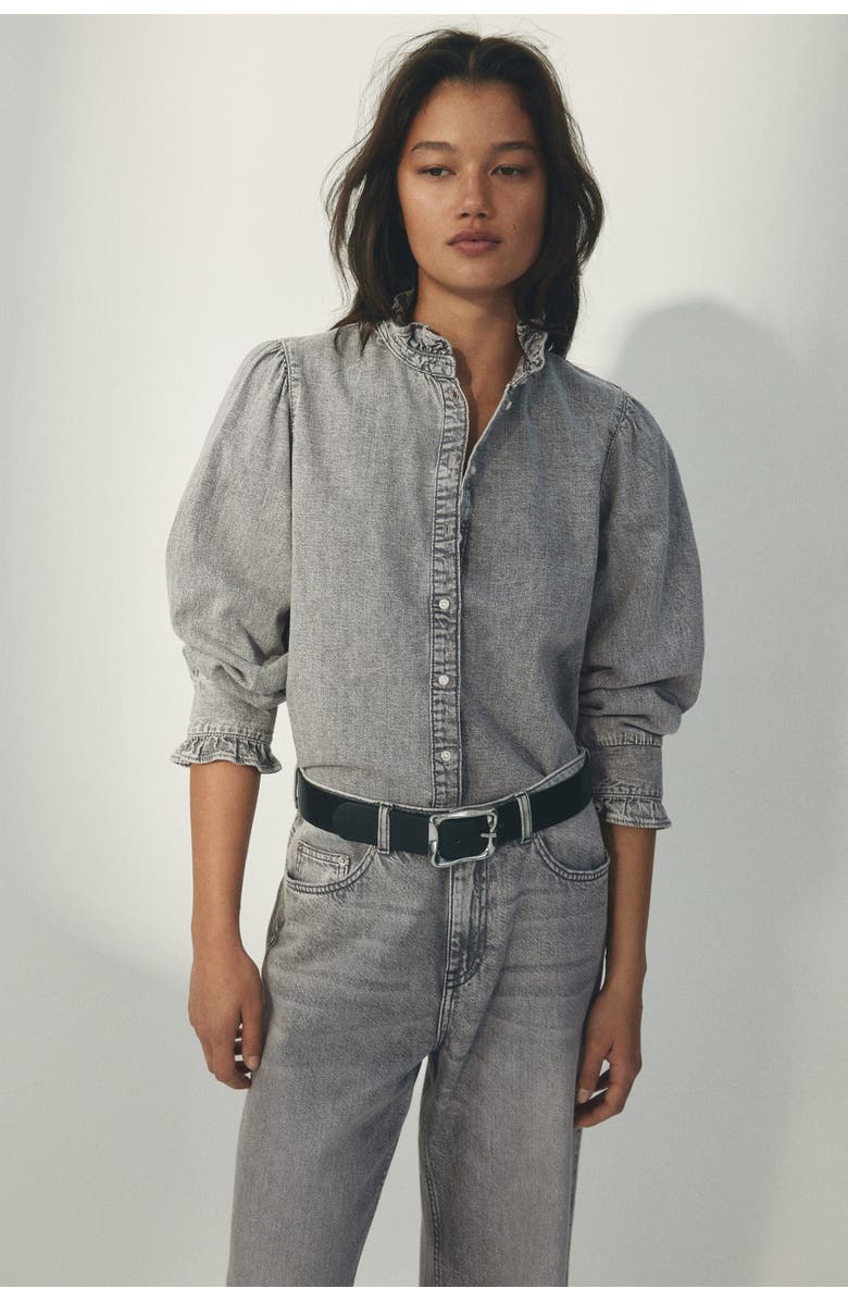 H&M Ruffle-trimmed denim blouse, Alternate, color, Gray