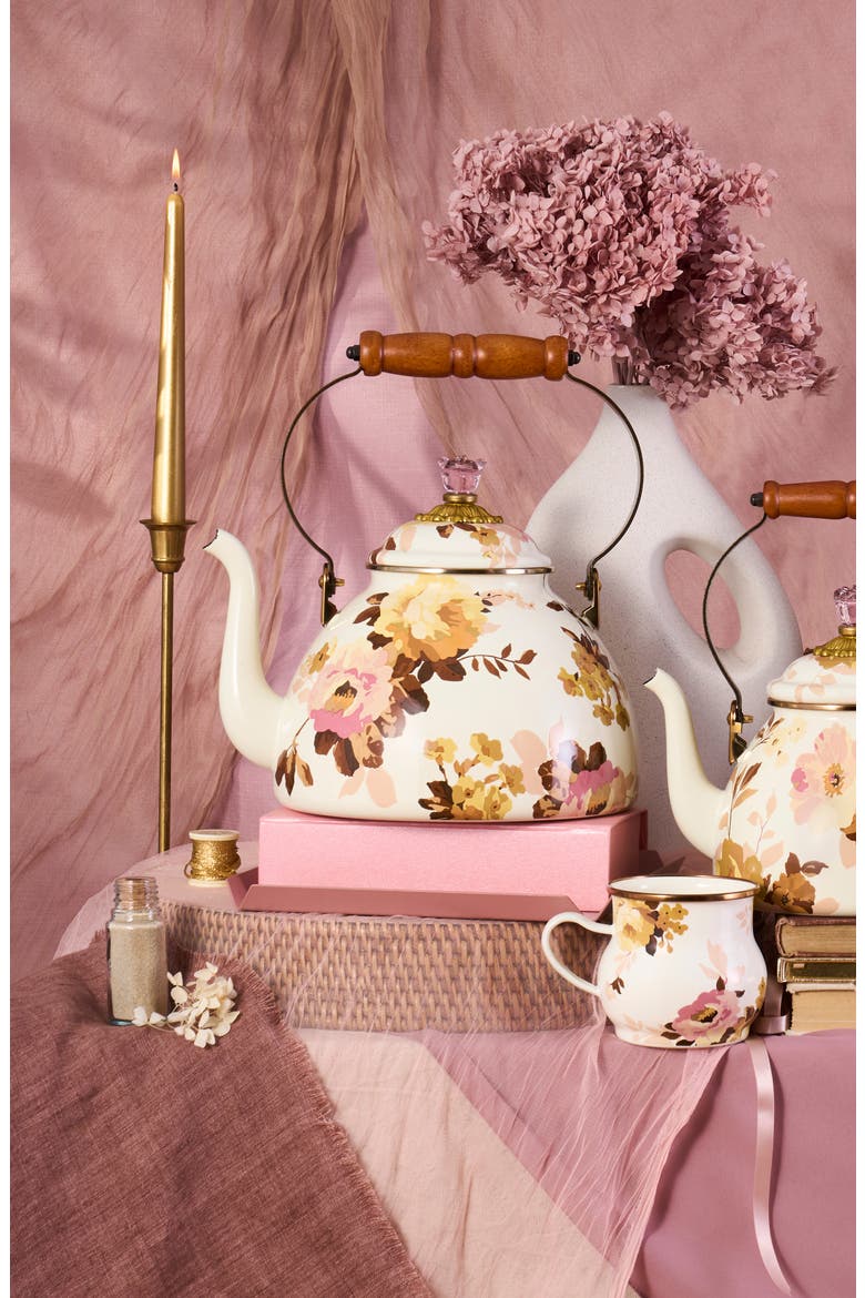 Wild Rose Enameled Steel 3-Quart Tea Kettle, Alternate, color, WHITE