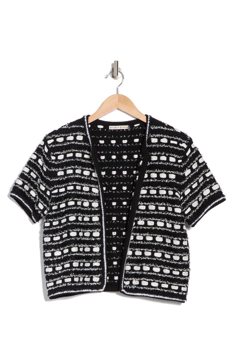 Alice + Olivia Marjorie Tweed Cardigan, Alternate, color, Black/ Soft White