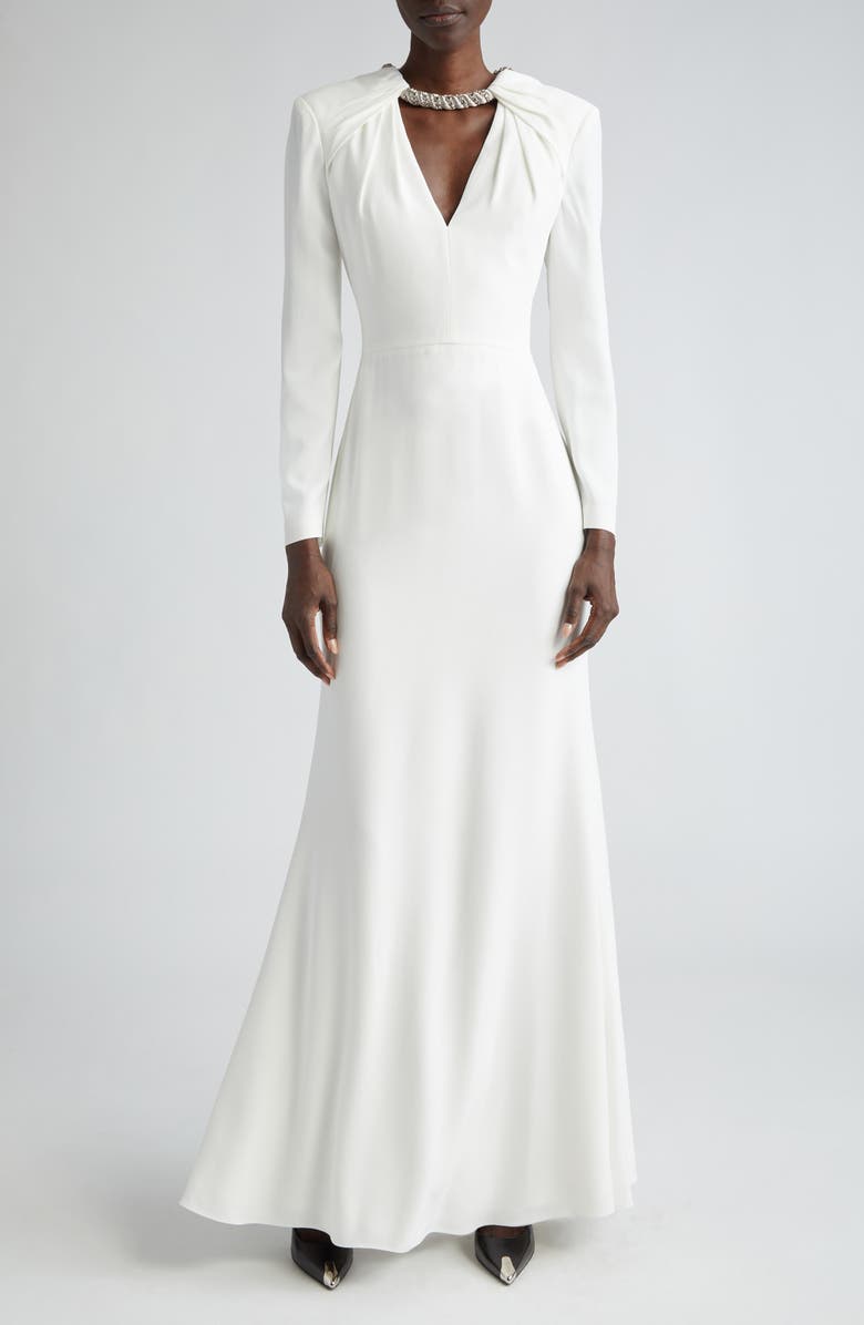 McQueen Crystal Embellished Long Sleeve Leaf Crepe Gown, Main, color, 