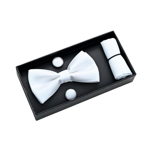 Moustache Crosshatch Bow Tie Set In White