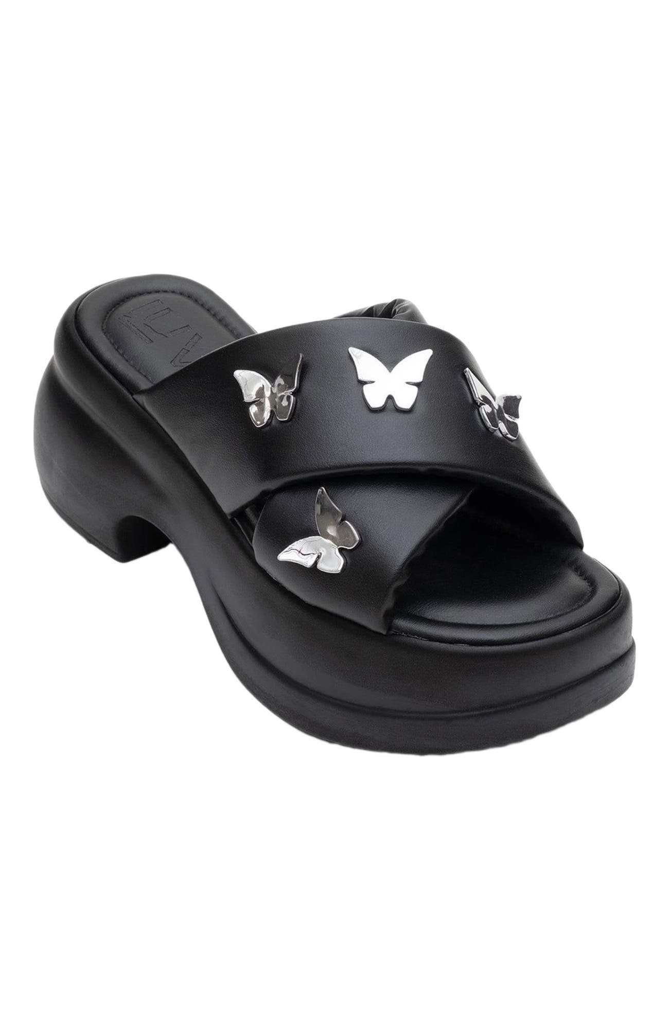 Prologue Shoes Force Butterfly-Buckle Platform Sandal, Alternate, color, Black Faux Leather