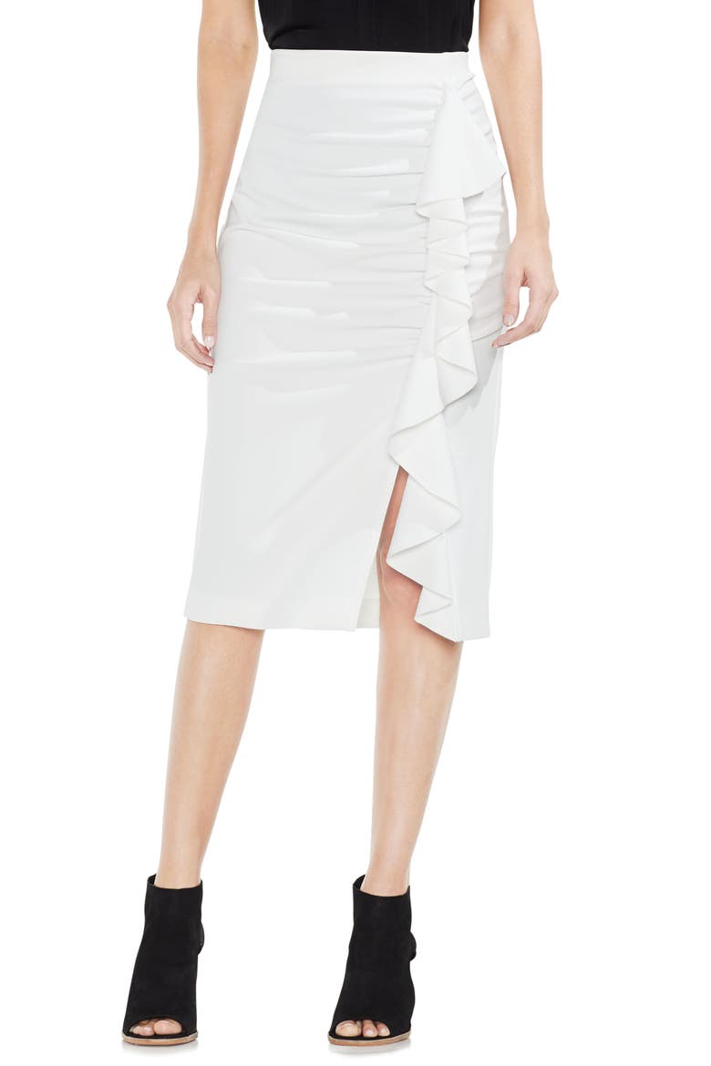 Front Ruffle Ponte Pencil Skirt, Main, color, NEW IVORY