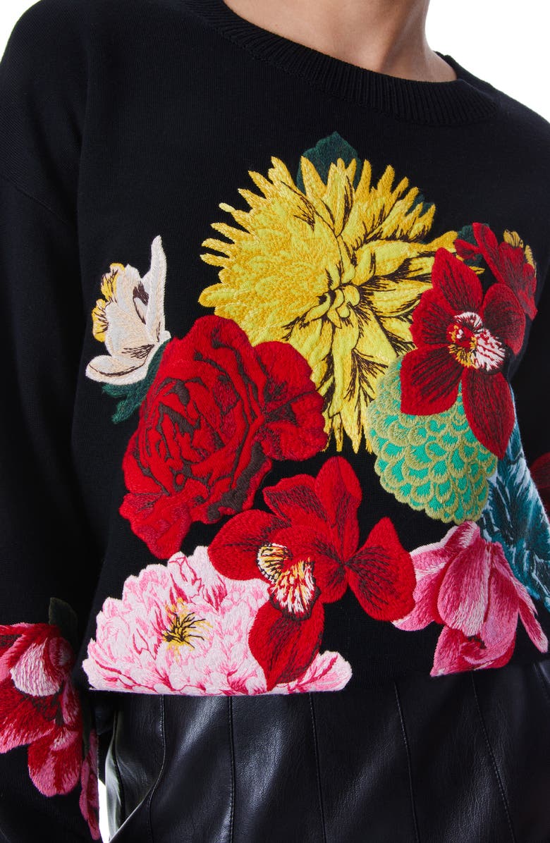 Alice + Olivia Belva Floral Jacquard Stretch Wool Crewneck Sweater, Alternate, color,