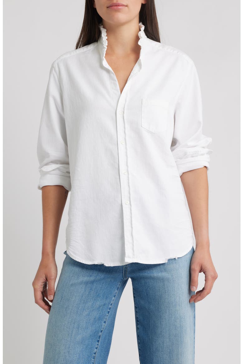 Ruffle Collar Relaxed Button Up Shirt, Main, color, WHITE