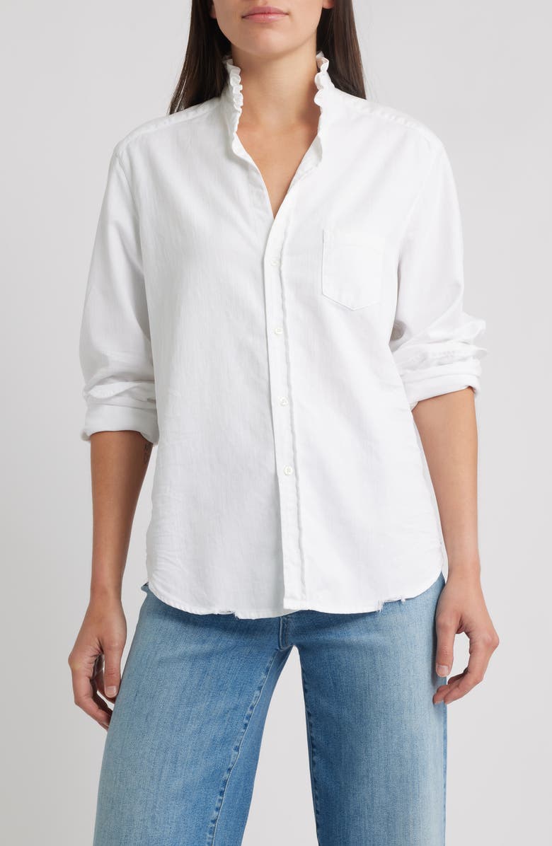 Frank & Eileen Ruffle Collar Relaxed Fit Cotton Button-Up Shirt, Main, color, White