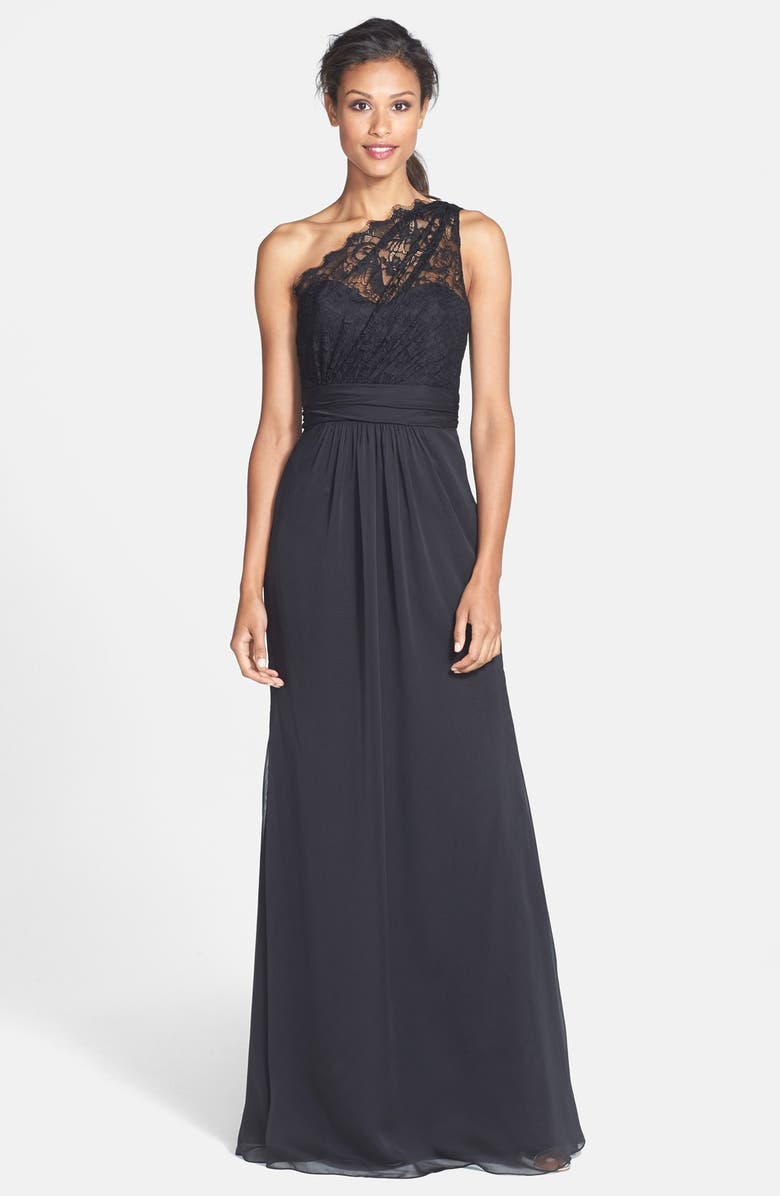 Jim Hjelm Occasions One-Shoulder Lace & Chiffon Gown, Main, color, 