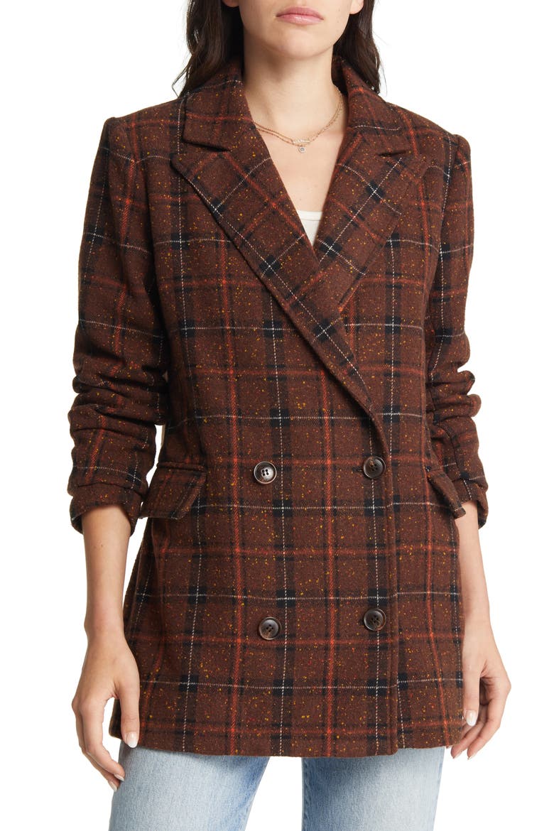 Double Breasted Plaid Coat, Alternate, color, BROWN- BLACK DONEGAL