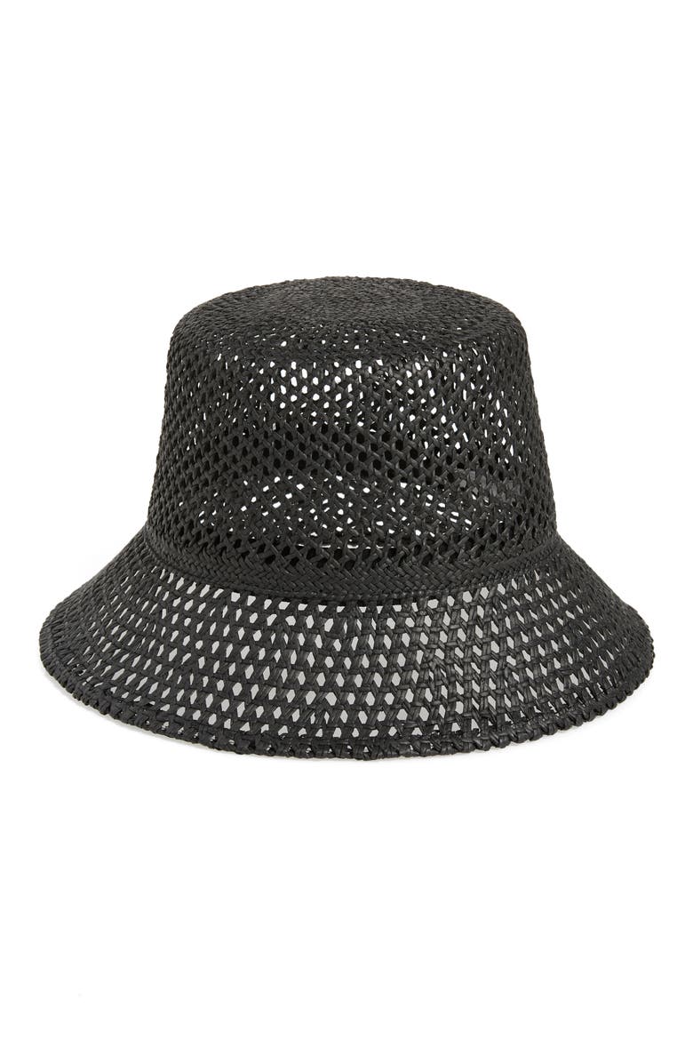 Open Weave Straw Bucket Hat, Main, color, BLACK
