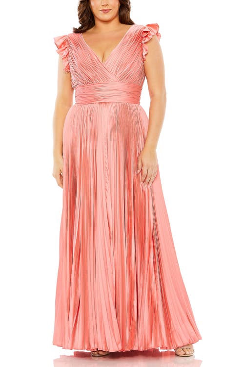 Mac Duggal Flutter Sleeve Pleated V-neck Gown In Coral