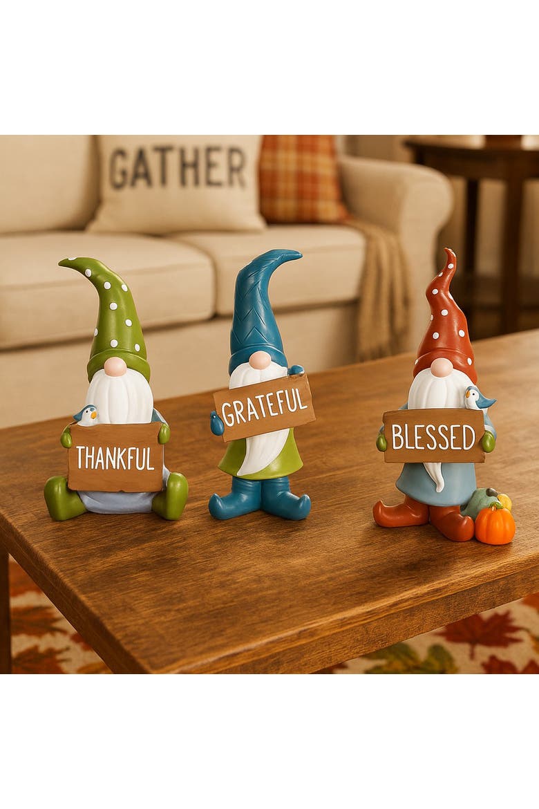 Standing Gnome Holding "Grateful" Sign Thanksgiving Figurine, Alternate, color, Blue