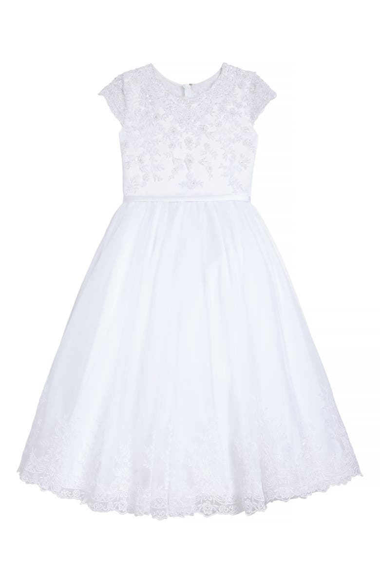 Joan Calabrese for Mon Cheri Beaded Satin & Tulle First Communion Dress, Main, color, 