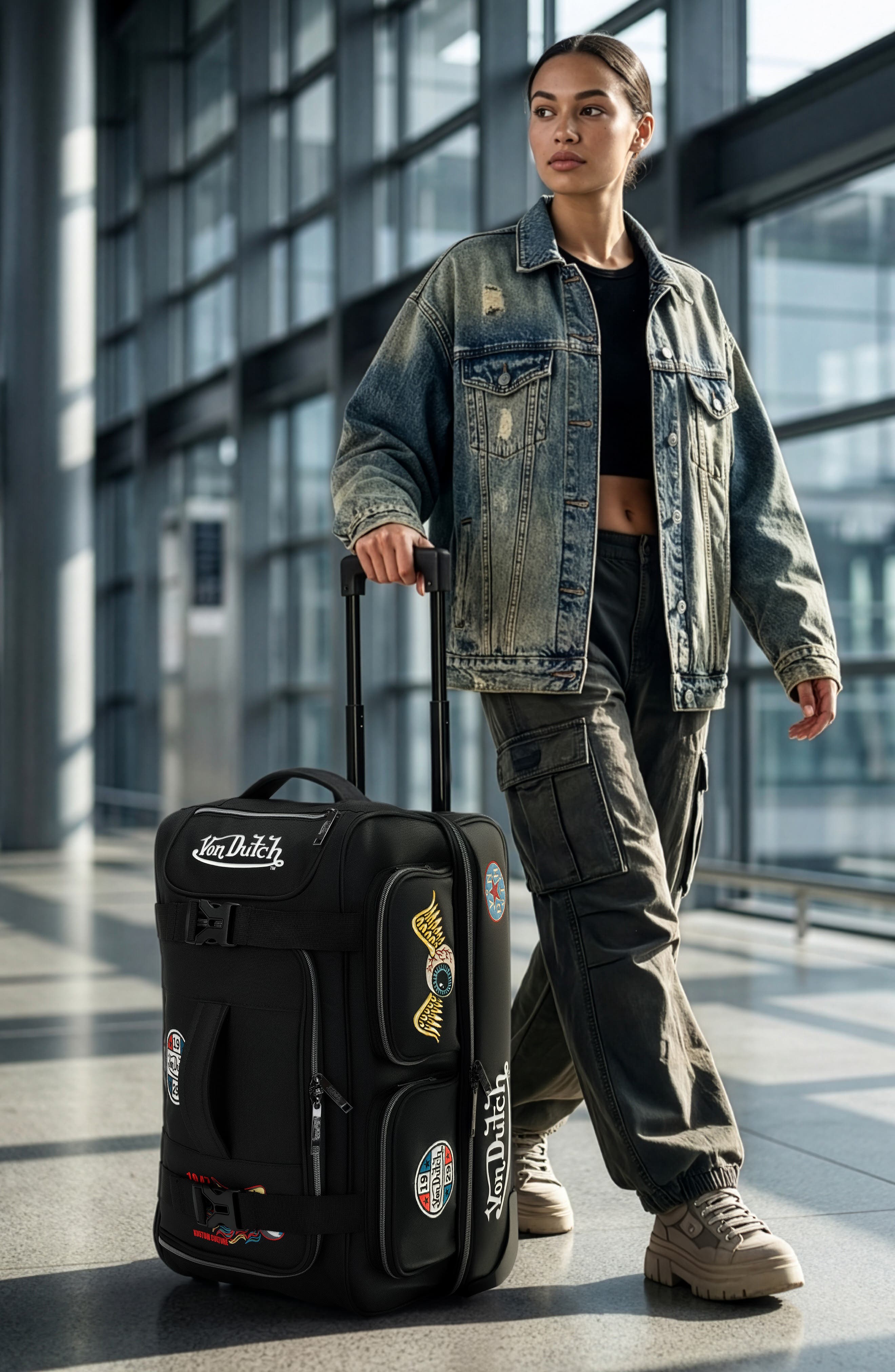 Von Dutch Signature Patch Rolling Travel Duffel Bag with Inline Skate Wheels, Alternate, color, Black