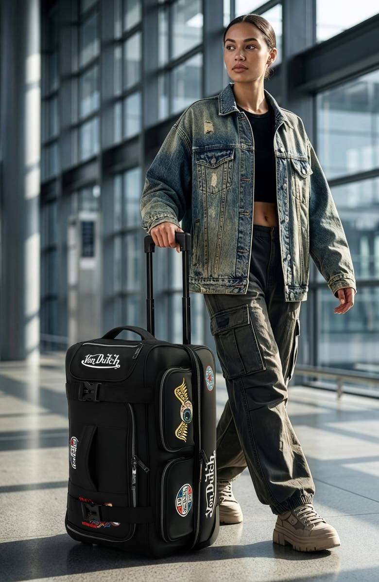 Von Dutch Signature Patch Rolling Travel Duffel Bag with Inline Skate Wheels, Alternate, color, Black