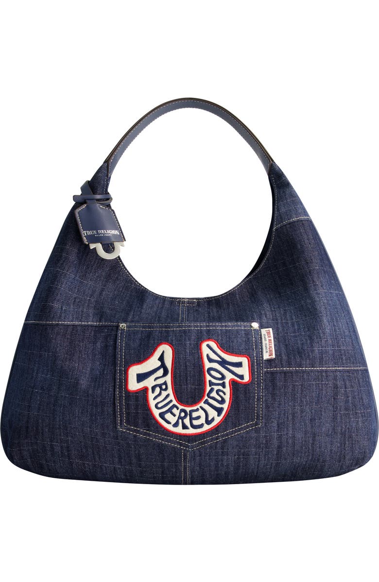 USPA ACCESSORIES Retro Logo Denim Hobo Bag, Main, color,