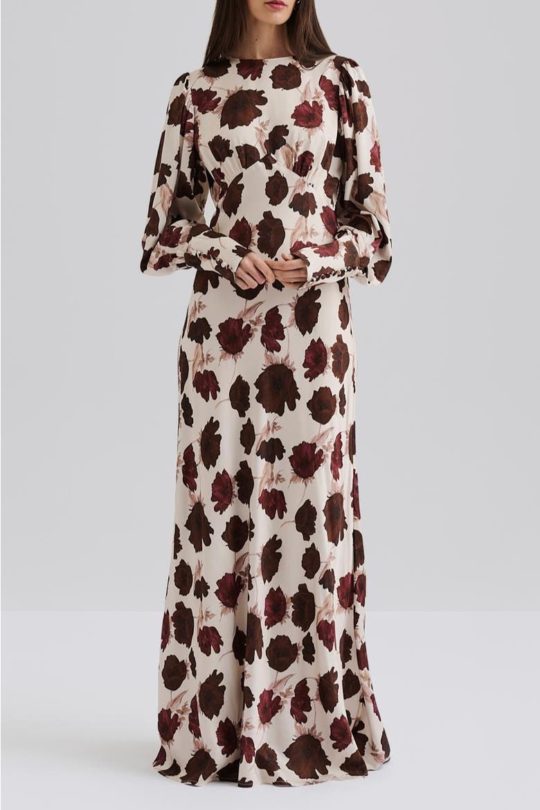 Alize Long Sleeved Satin Maxi Dress, Alternate, color, Wine Peony