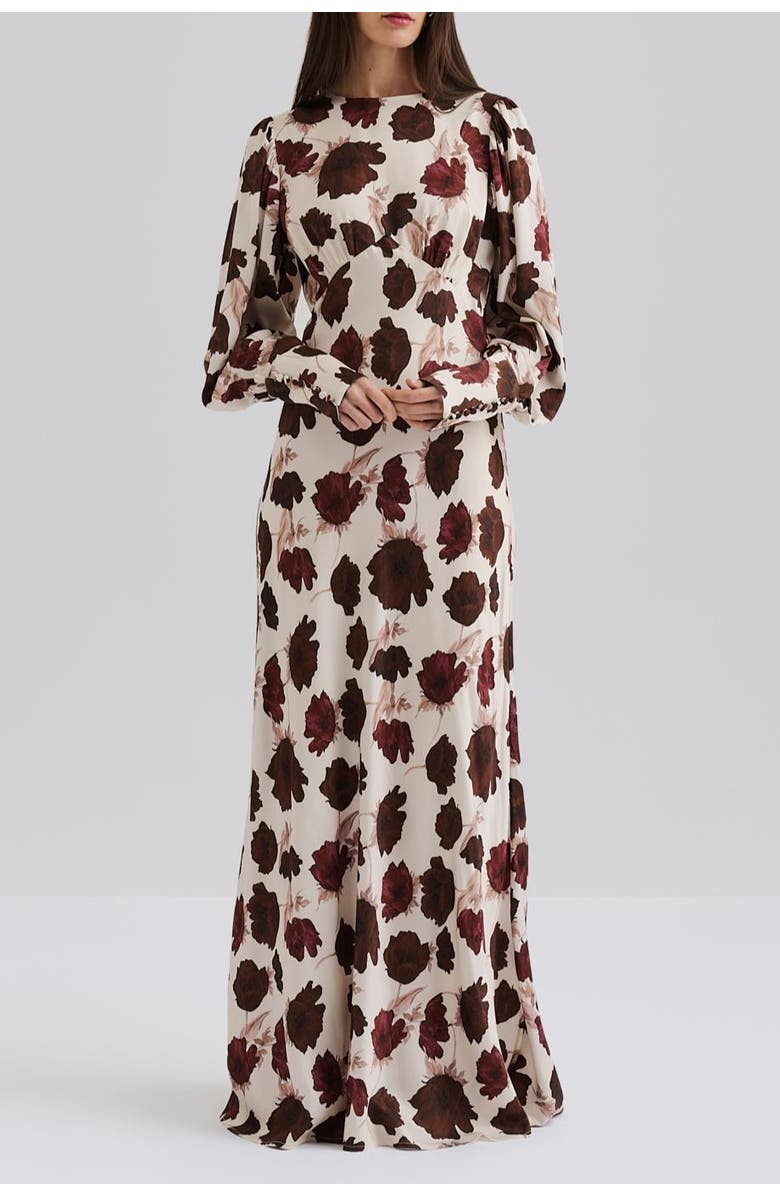 Malina Alize Long Sleeved Satin Maxi Dress, Alternate, color, Wine Peony