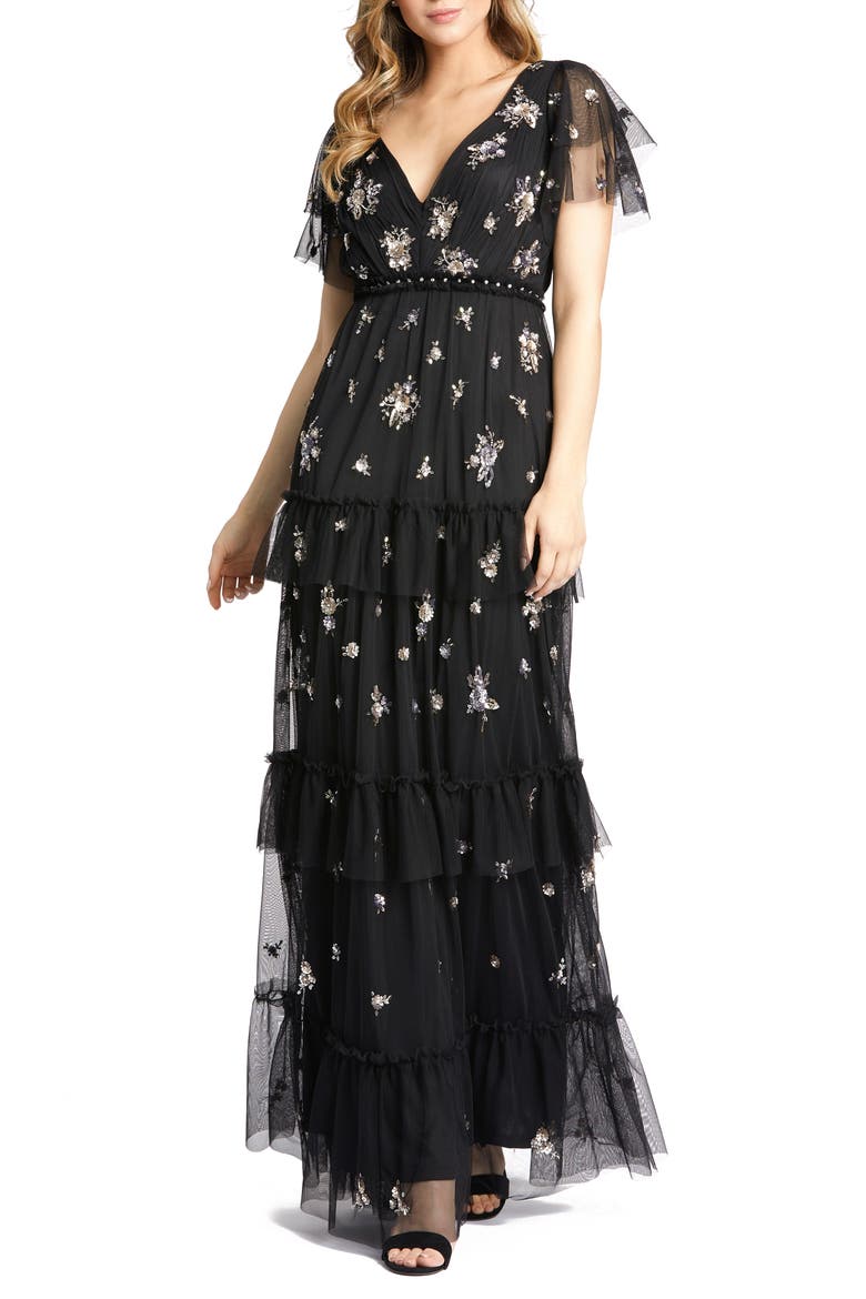 Sequin Tiered Flutter Sleeve Gown, Main, color, BLACK