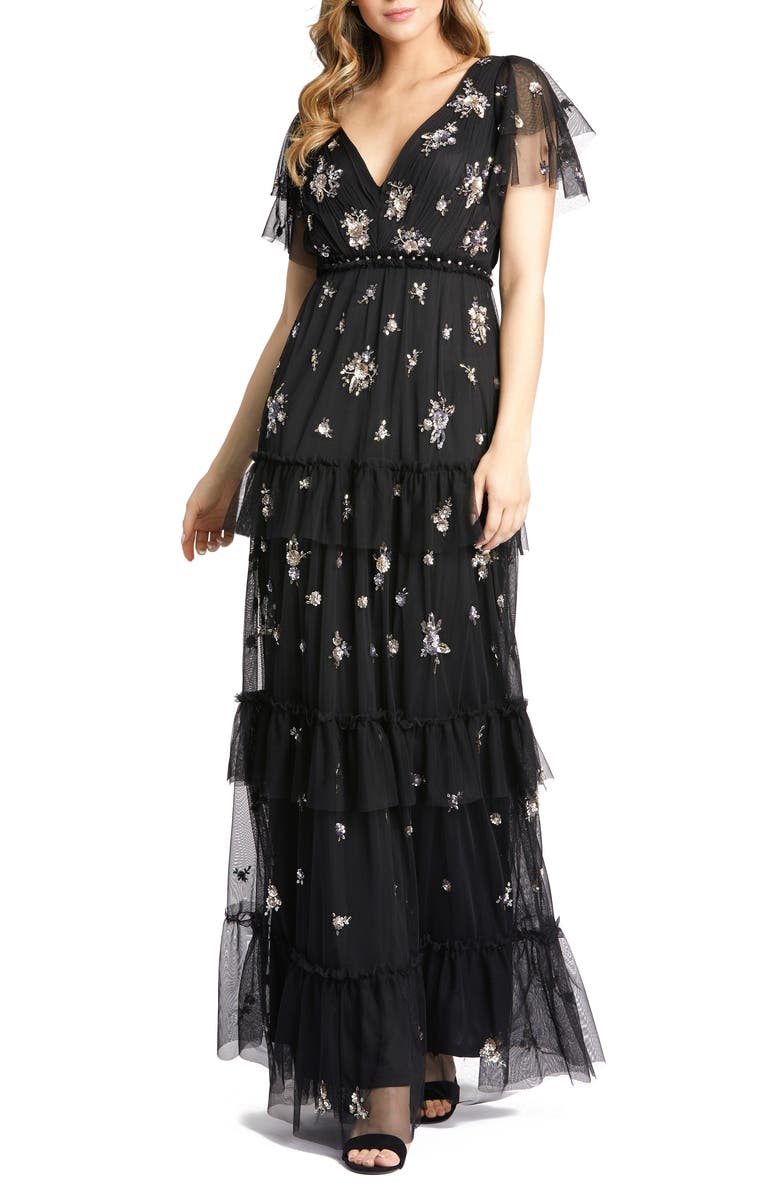 Mac Duggal Sequin Tiered Flutter Sleeve Gown, Main, color,